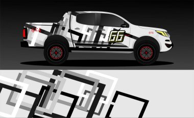 Araba ambalajı tasarımı, kamyon ve kargo kamyonu ambalaj vektörü. Araç, yarış, reklam, macera ve giysi arabası için grafiksel soyut çizimler