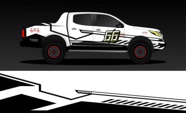 Araba ambalajı tasarımı, kamyon ve kargo kamyonu ambalaj vektörü. Araç, yarış, reklam, macera ve giysi arabası için grafiksel soyut çizimler