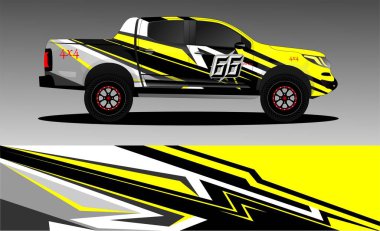 Araba ambalajı tasarımı, kamyon ve kargo kamyonu ambalaj vektörü. Araç, yarış, reklam, macera ve giysi arabası için grafiksel soyut çizimler