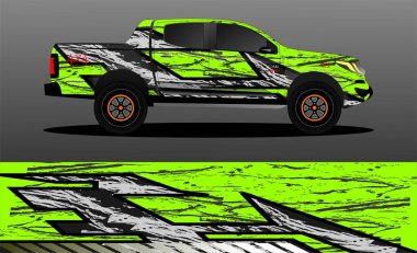 Araba ambalajı tasarımı, kamyon ve kargo kamyonu ambalaj vektörü. Araç, yarış, reklam, macera ve giysi arabası için grafiksel soyut çizimler