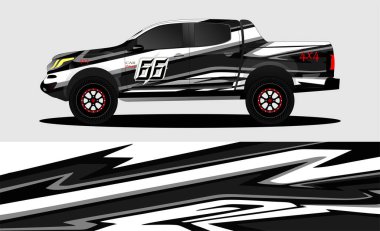 Kamyonet tasarımı, kargo kamyonu ve araba ambalaj vektörü. Reklam, yarış arabası, macera ve araç üniforması için soyut grafik şerit