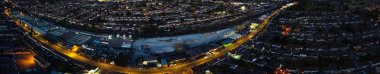 Beautiful Night Aerial View of British City, High Angle Drone's Footage of Luton Town of England UK