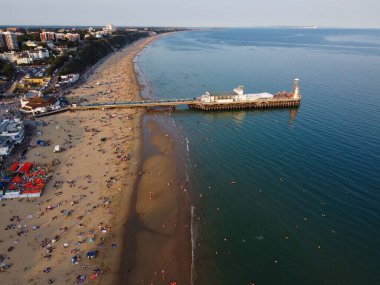 High Angle Sea View Beach Front with People at Bournemouth City of England UK, Aerial Footage of British Ocean