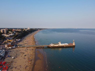 High Angle Sea View Beach Front with People at Bournemouth City of England UK, Aerial Footage of British Ocean