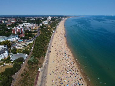 High Angle Sea View Beach Front with People at Bournemouth City of England UK, Aerial Footage of British Ocean