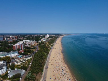 High Angle Sea View Beach Front with People at Bournemouth City of England UK, Aerial Footage of British Ocean