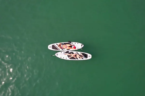 High Angle Footage Aerial View Ocean High Speed Boats People — 스톡 사진