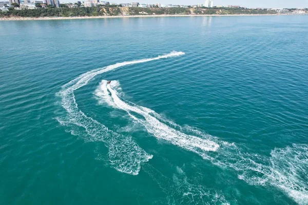 High Angle Footage Aerial View Ocean High Speed Boats People — Fotografie, imagine de stoc