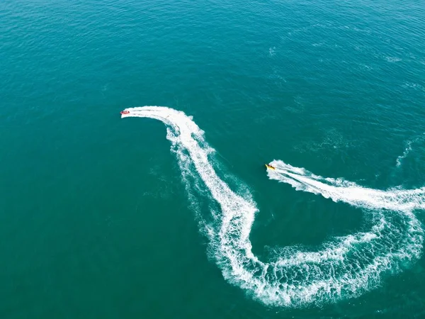 High Angle Footage Aerial View Ocean High Speed Boats People — Φωτογραφία Αρχείου
