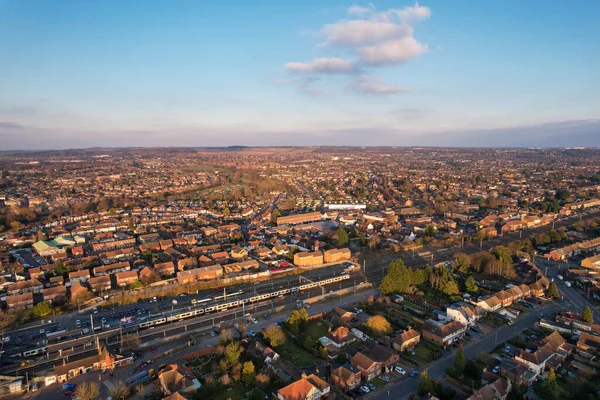 High Angle Aerial View British Roads Traffic Passing City Countryside — 스톡 사진