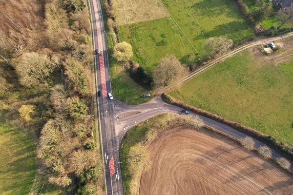 High Angle Aerial View British Roads Traffic Passing City Countryside —  Fotos de Stock
