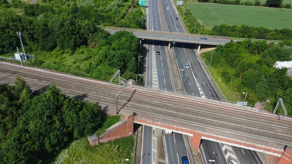 High Angle Air View British Roads Traffic Passing Countryside England — стокове фото