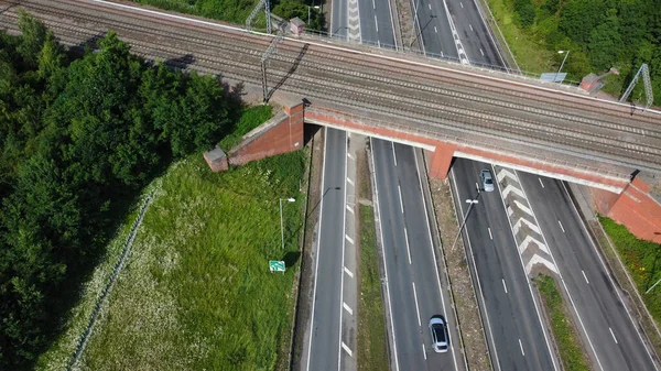 High Angle Aerial View British Roads Traffic Passing Countryside England —  Fotos de Stock