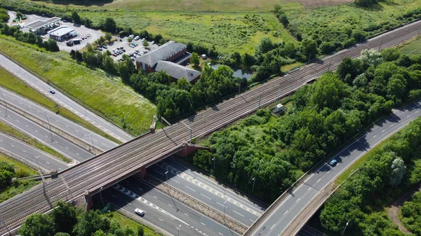 High Angle Air View British Roads Traffic Passing Countryside England — стокове фото