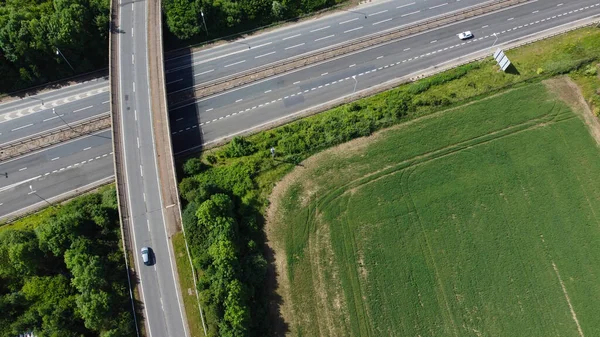 High Angle Aerial View British Roads Traffic Passing Countryside England — Stockfoto