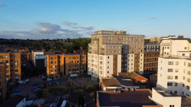 High Angle Drone's Footage of Central Luton Railway Station and aerial view of City centre England UK