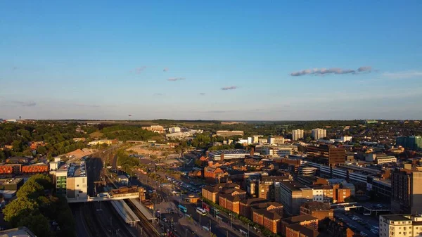 High Angle Drone\'s Footage of Central Luton Railway Station and aerial view of City centre England UK