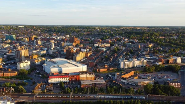 High Angle Drone\'s Footage of Central Luton Railway Station and aerial view of City centre England UK