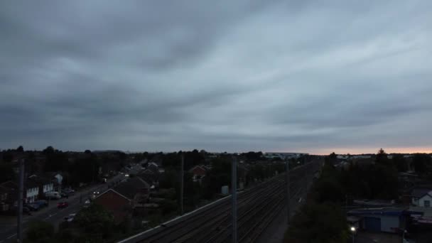 Aerial View High Angle Footage British Railways Trains Tracks Passing — Αρχείο Βίντεο