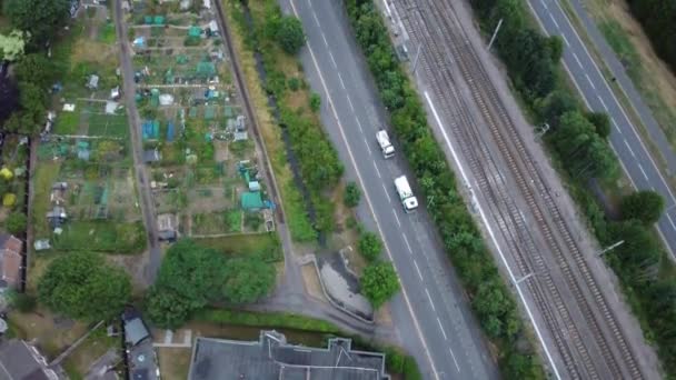 Aerial View High Angle Footage British Railways Trains Tracks Passing — Stok video