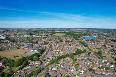 Aerial footage by drone high angle view of London Luton City of England with Buildings
