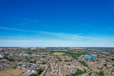 Aerial footage by drone high angle view of London Luton City of England with Buildings