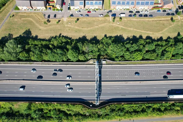 High Angle Aerial View British Roads Traffic Passing Countryside England — Photo