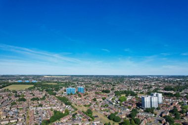Aerial footage by drone high angle view of London Luton City of England with Buildings