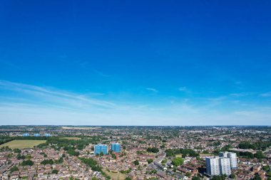Aerial footage by drone high angle view of London Luton City of England with Buildings