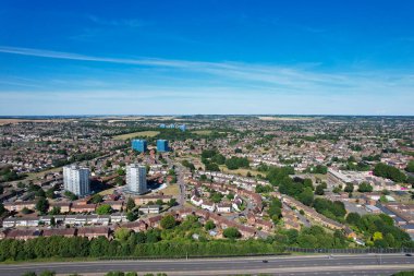 High Angle aerial view of British Roads and Traffic Passing through countryside of England UK