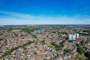 Aerial footage by drone high angle view of London Luton City of England with Buildings