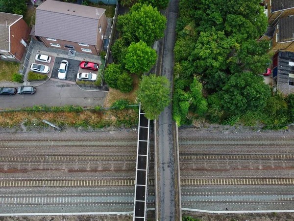 High Angle Aerial View of Train Tracks at Leagrave Luton Railway Station of England UK