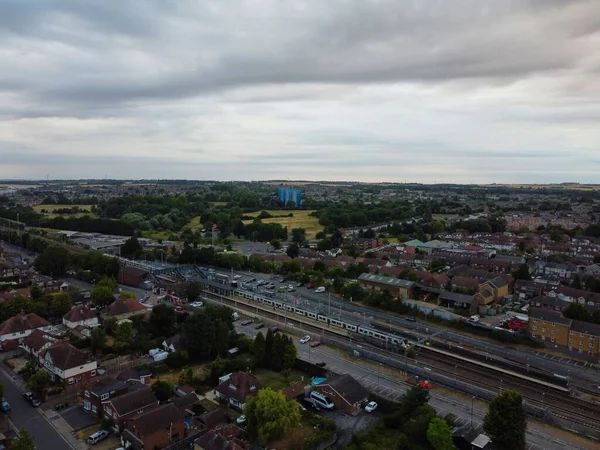 High Angle Aerial View of Train Tracks at Leagrave Luton Railway Station of England UK