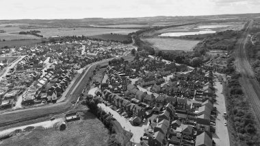 İngiltere Büyük Britanya 'nın Büyük Şehir Manzarası Klasik Siyah ve Beyaz Yüksek Açılı Havadan Görünümü