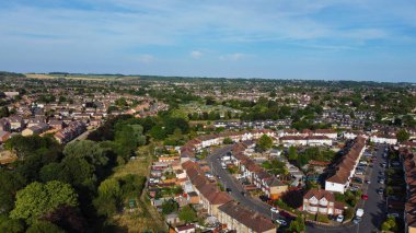 High angle footage of Central Luton City and residential buildings and houses of England, aerial view from Local Railway Station