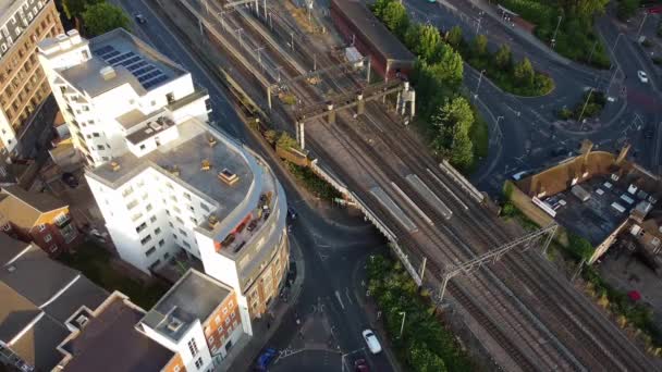 High Angle Aerial View Train Tracks Leagrave Luton Railway Station — Vídeos de Stock