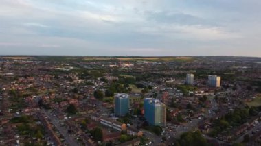 High Angle Aerial Footage View of Train and Railway Tracks at Sunset Time over Luton Town of England UK