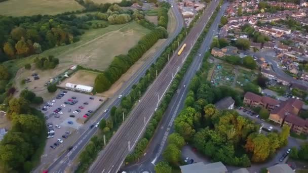 High Angle Aerial Footage View Train Railway Tracks Sunset Time — ストック動画