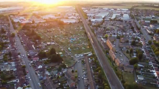 High Angle Aerial Footage View Train Railway Tracks Sunset Time — стоковое видео