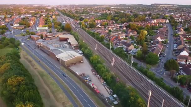 High Angle Aerial Footage View Train Railway Tracks Sunset Time — Stock video