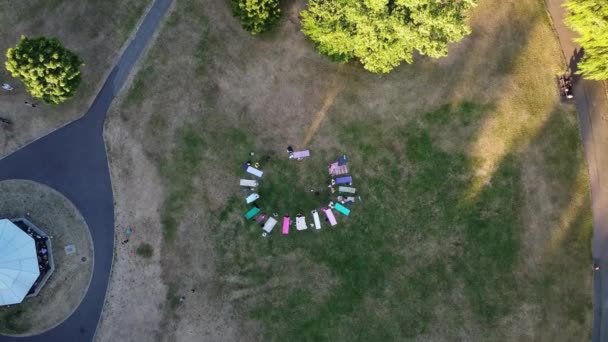 Группа Женщин Занимающихся Йогой Вместе Общественном Парке Сансете Жаркого Лета — стоковое видео