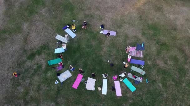Gruppo Donne Che Esercitano Yoga Insieme Nel Parco Pubblico Tramonto — Video Stock
