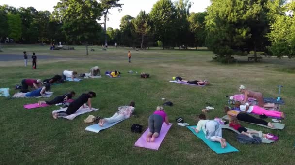 Group Women Exercising Yoga Together Public Park Sunset Hot Summer — 图库视频影像