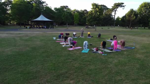 Group Women Exercising Yoga Together Public Park Sunset Hot Summer — Video