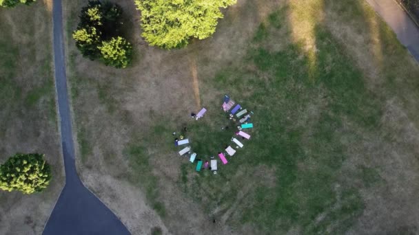 Group Women Exercising Yoga Together Public Park Sunset Hot Summer — Vídeo de Stock