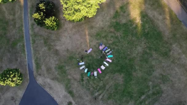 Group Women Exercising Yoga Together Public Park Sunset Hot Summer — стокове відео