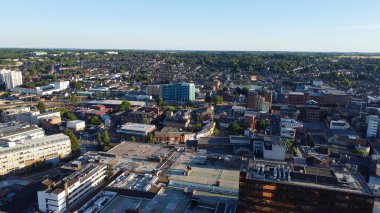 High angle aerial view of Luton City of England Great Britain at Sunset, Drone's Footage