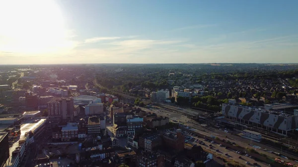 High angle aerial view of Luton City of England Great Britain at Sunset, Drone\'s Footage