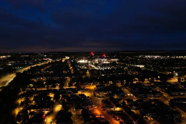 Beautiful Aerial High Angle View of British Motorways and Traffic at Luton Town of England UK at Night after Sunset
