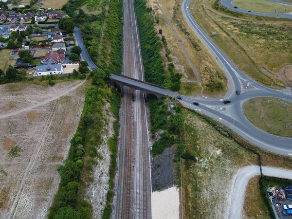 High Angle Drone Camera High Angle View Railway Tracks Motorways — Zdjęcie stockowe